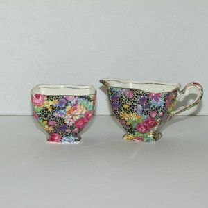 ROYAL WINTON Grimwades HAZEL Antique Creamer & Sugar Bowl Black Chintz Square
